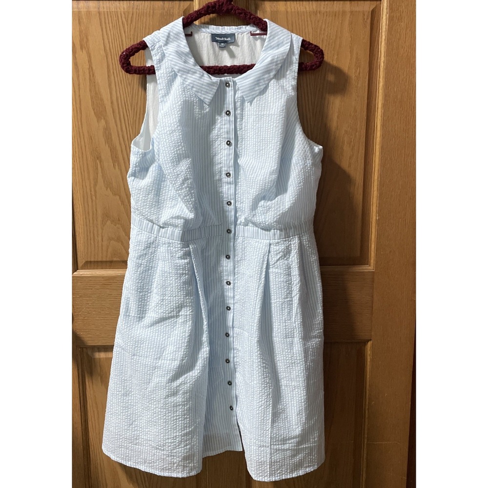 Modcloth woman's Seersucker cotton dress in blue and white size 16